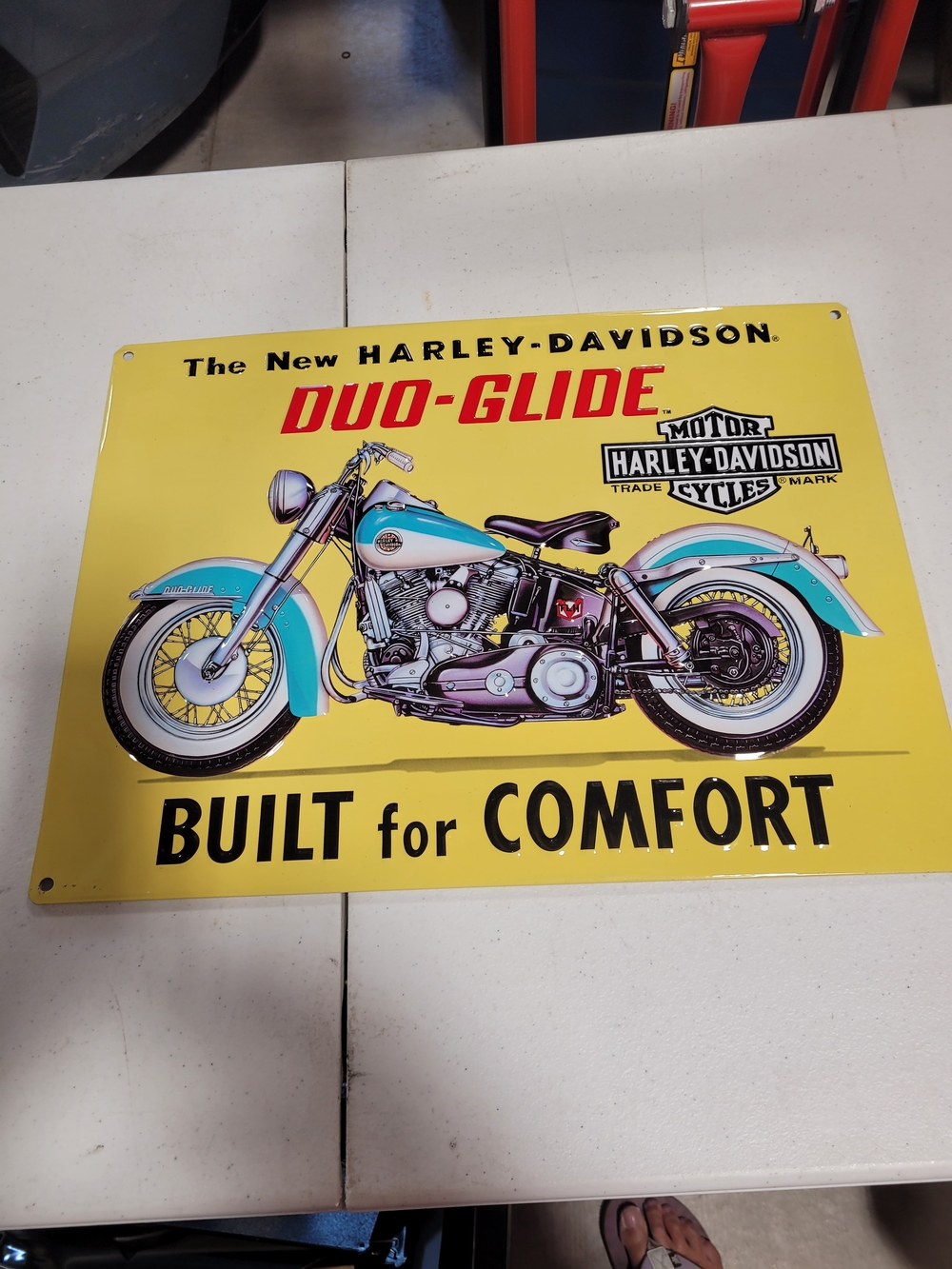 Harley-Davidson Yellow & Teal Duo-Glide Motorcycle Wall Sign